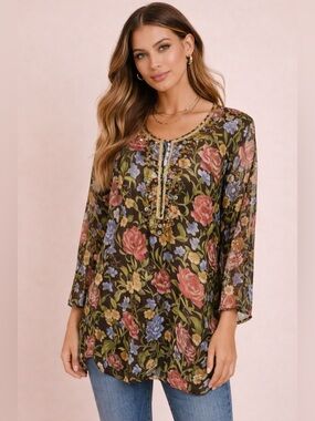 New York City Design Co
100% Silk Floral Button Up
Tunic Top Women size 1X